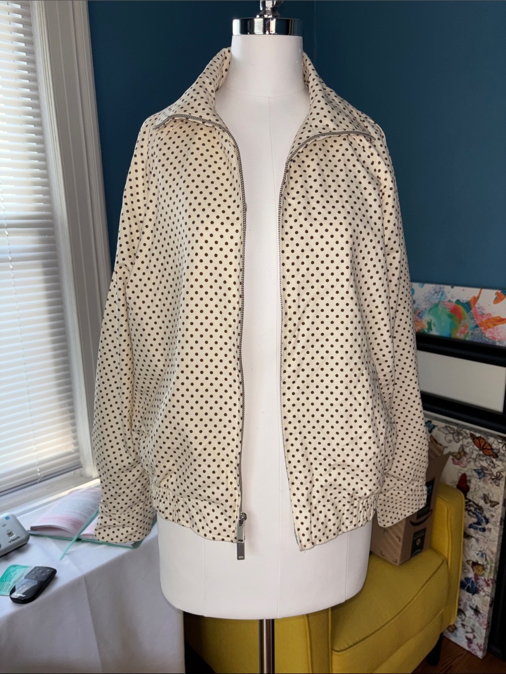 Cream Polka Dot Zip-Front Jacket with pockets
